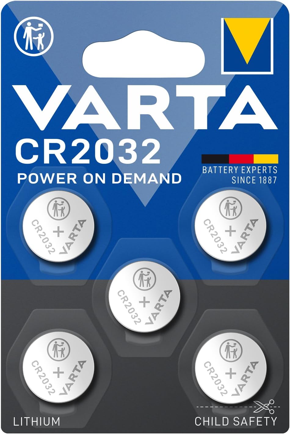 varta piles bouton cr2032, lot de 5, power on demand, lithium, 3v, emballage sécurisé varta piles bouton cr2032, lot de 5, power on demand, lithium, 3v, emballage sécurisé