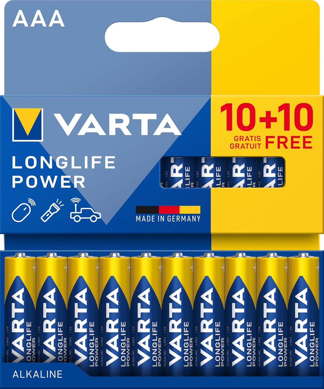 varta piles aaa, 10+10 (lot de 20), longlife power, alcalines, 1,5v, adaptées aux jouets, souris sans fil, lampes de poche. varta piles aaa, 10+10 (lot de 20), longlife power, alcalines, 1,5v, adaptées aux jouets, souris sans fil, lampes de poche.