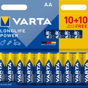 varta piles aa, 10+10 (lot de 20), longlife power, alcalines, 1,5v, adaptées aux jouets, souris sans fil, lampes de poche.